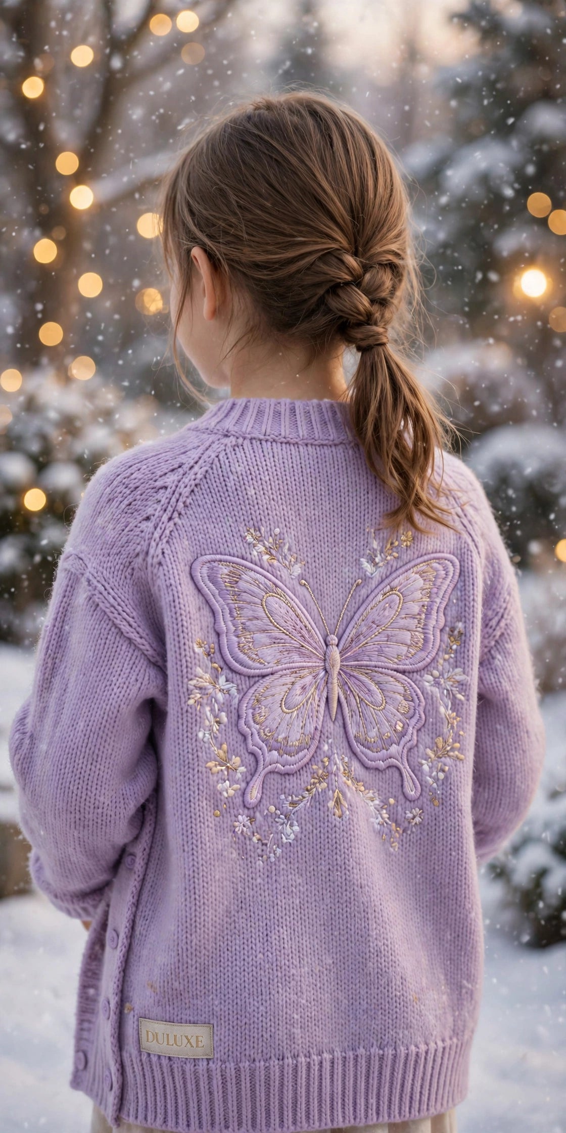 Vue de dos du cardigan papillon pour enfant avec le grand motif papillon brodé dans le dos