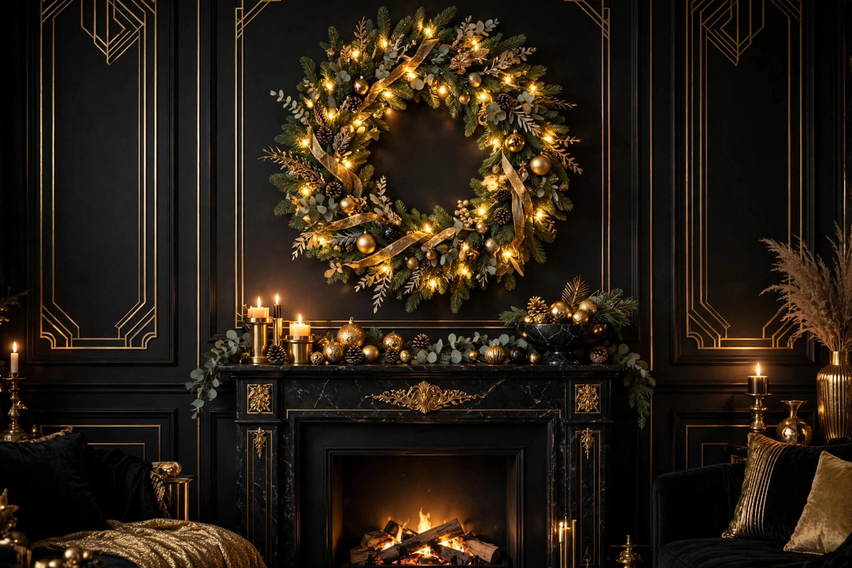 Couronne de Noël lumineuse au-dessus d'une cheminée dans un salon élégant noir et doré