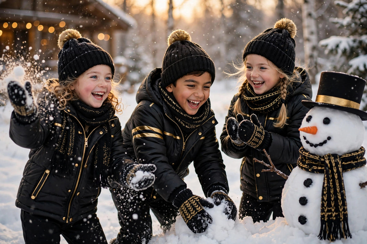 Enfants portant l'ensemble d'hiver 3 pièces DULUXE jouant dans la neige près d'un bonhomme de neige