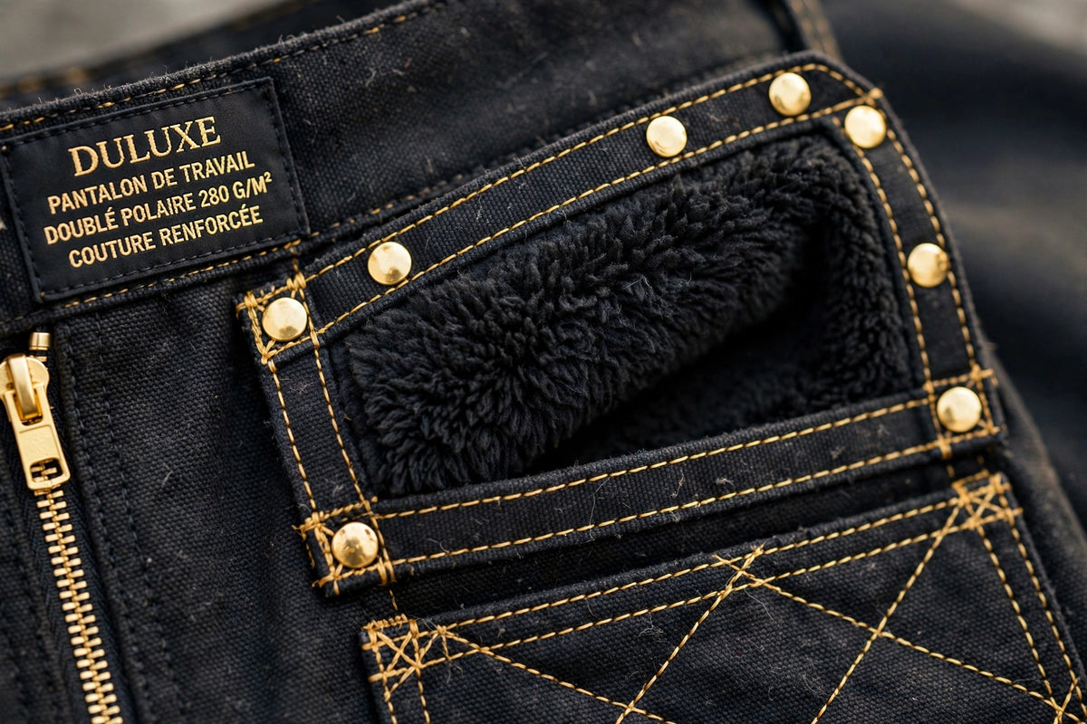 Détail des poches renforcées et des coutures solides du pantalon de travail noir doublé polaire