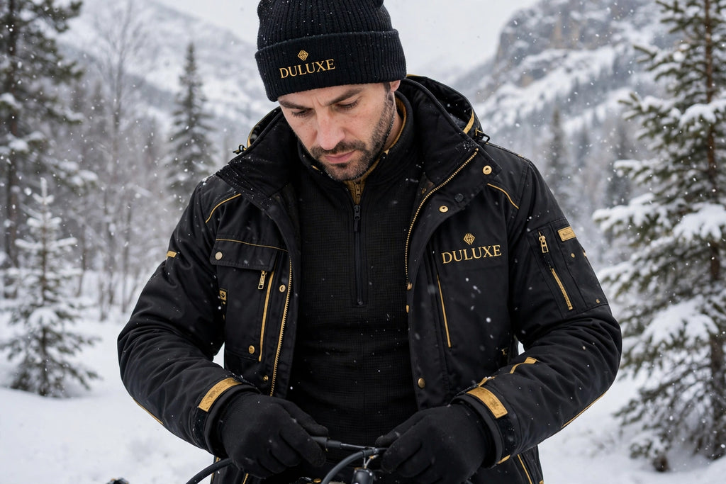 Homme en ensemble thermique travaillant à l'extérieur dans la neige, couche de base chaude sous sa tenue de travail