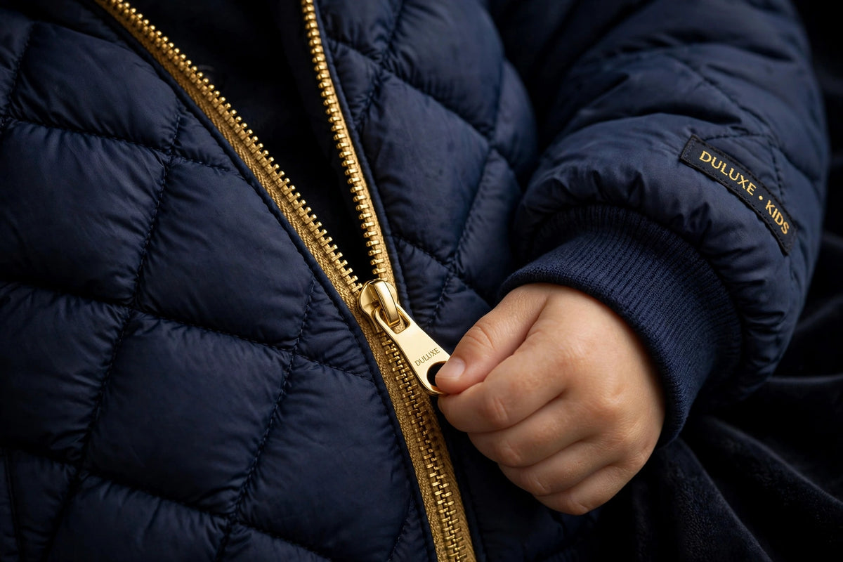 Détail du zip facile à fermer et des poignets ajustés de la doudoune d'hiver pour enfant