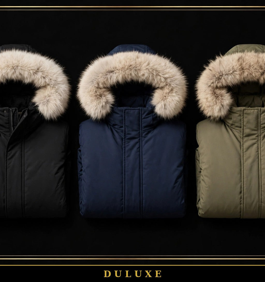 Les trois coloris du parka long pour homme DULUXE : noir, marine et kaki
