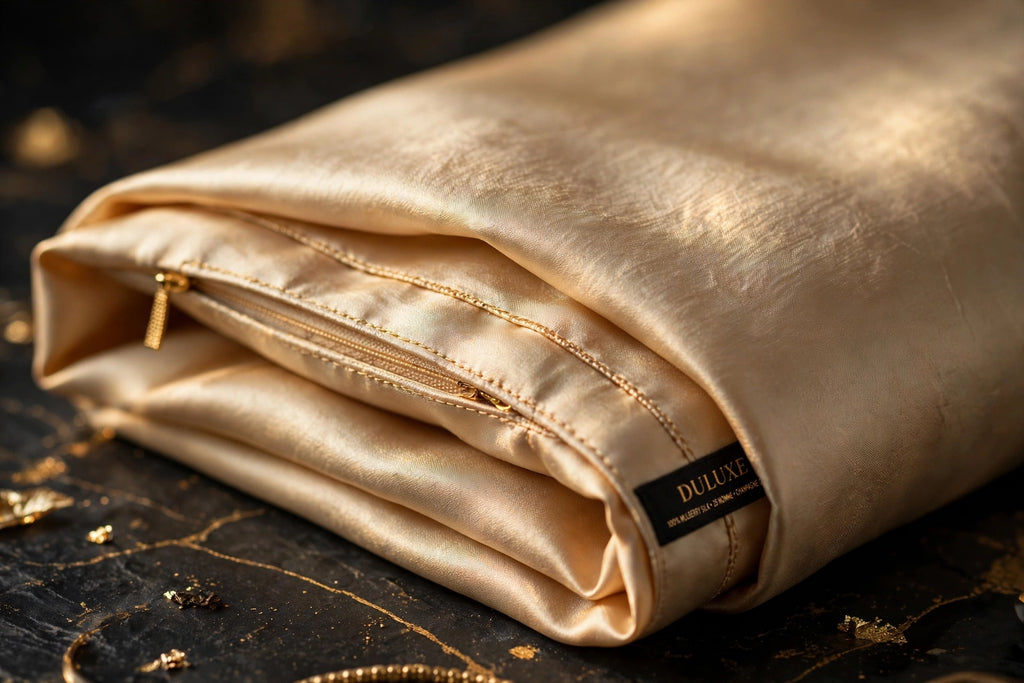 Détail du pli et de la couture fine de la taie d'oreiller en soie champagne pliée avec soin, finition premium