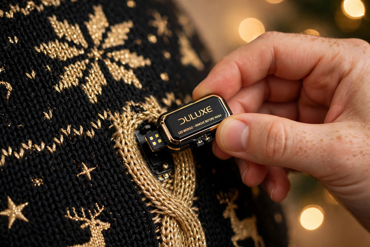 Détail du module LED amovible du pull de Noël enfant, à retirer facilement avant le lavage à la main