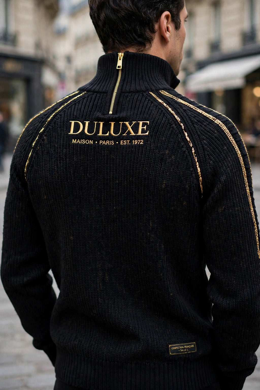 Vue de dos du pull pour homme à col zippé en maille porté