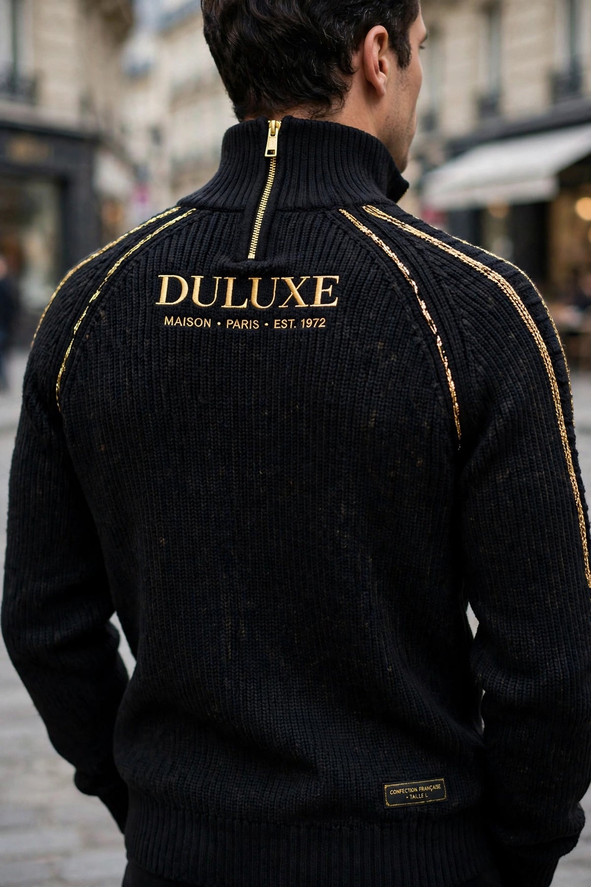 Vue de dos du pull pour homme à col zippé en maille porté