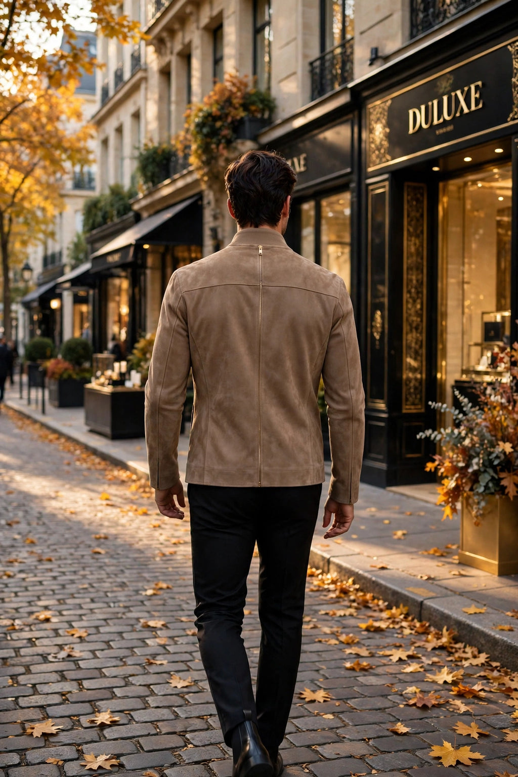 Vue de dos de la veste pour homme en suède souple portée, coupe élégante