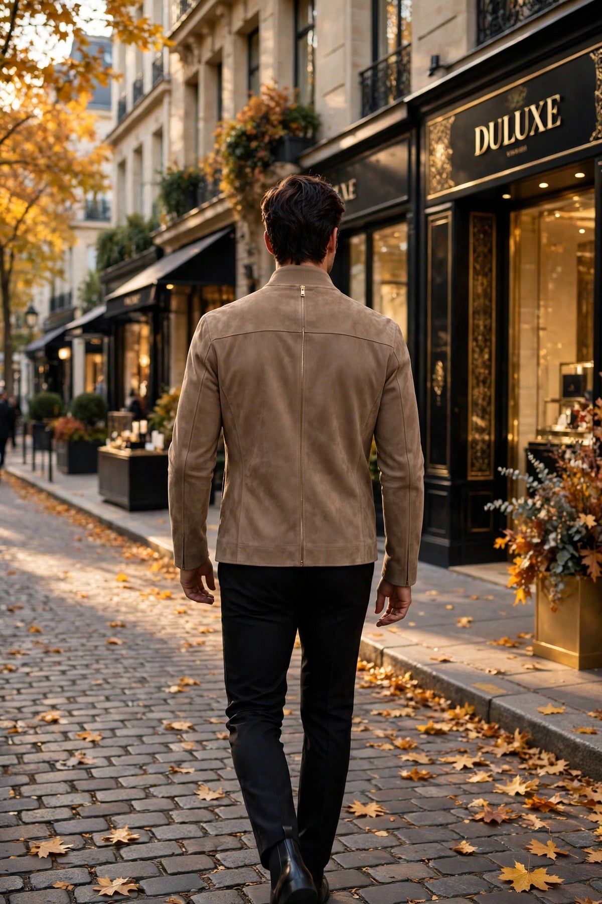 Vue de dos de la veste pour homme en suède souple portée, coupe élégante