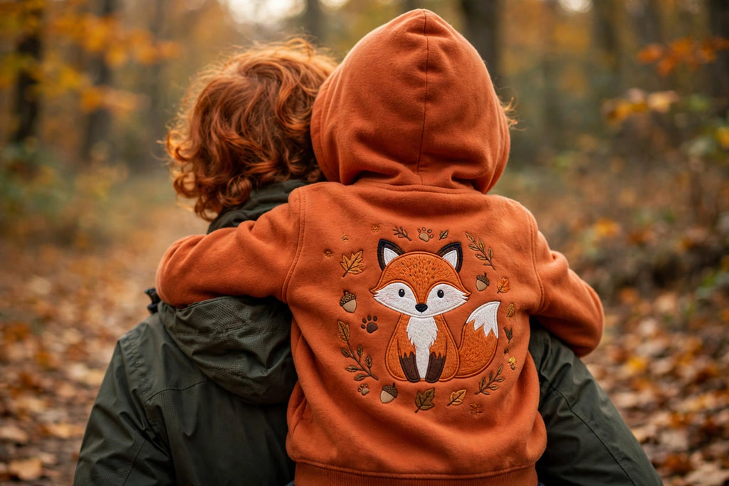 Vue de dos du sweat à capuche pour enfant motif renard porté