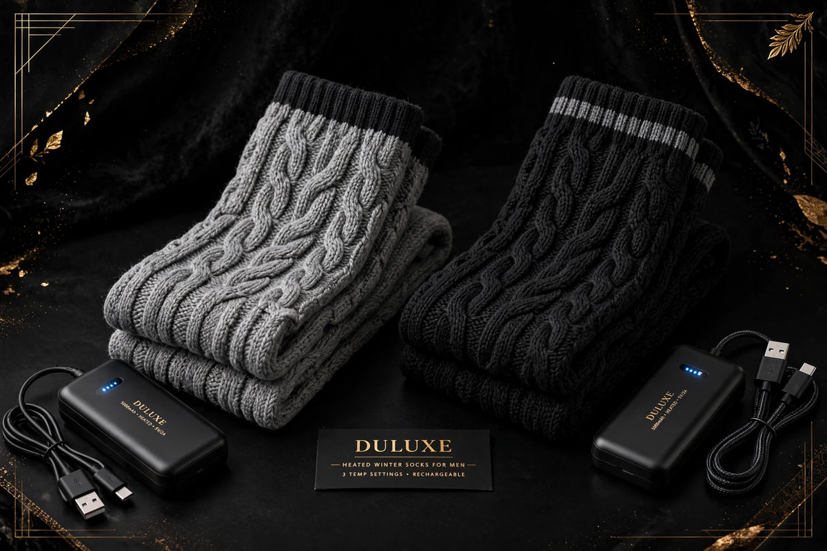 Duo de deux paires de chaussettes chauffantes rechargeables pour homme avec batteries et câbles USB, présentation DULUXE noir et doré