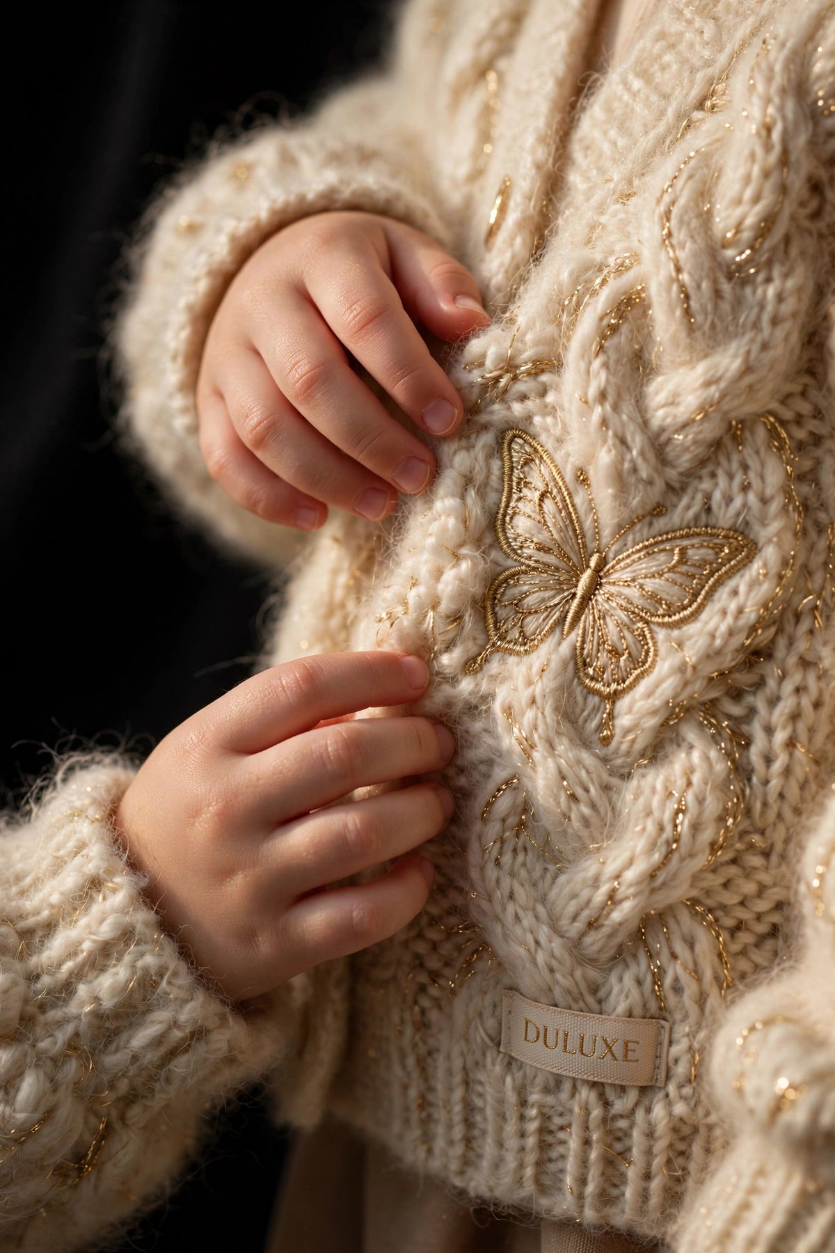 Petites mains touchant la maille douce et moelleuse du cardigan papillon pour enfant