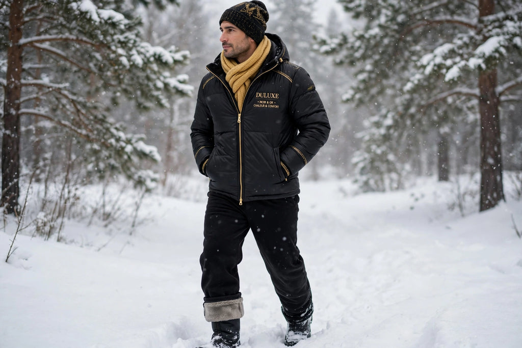 Homme marchant dans la neige avec le pantalon de travail doublé polaire, chaleur et confort en hiver