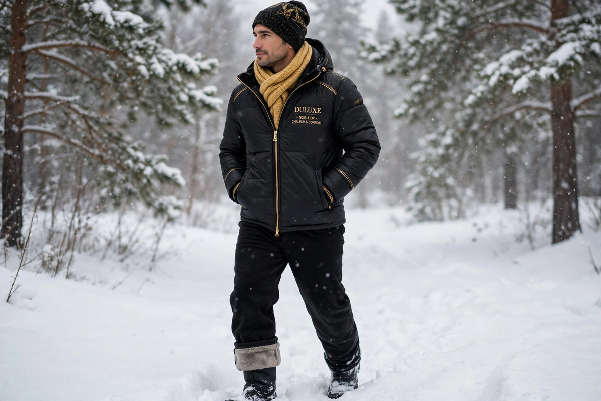 Homme marchant dans la neige avec le pantalon de travail doublé polaire, chaleur et confort en hiver