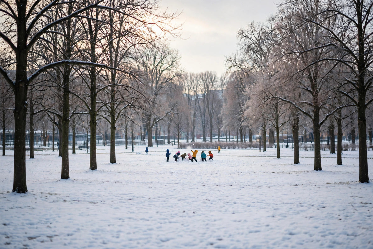 Enfants jouant dans la neige au loin, doudounes d'hiver à capuche bien visibles dans le paysage hivernal