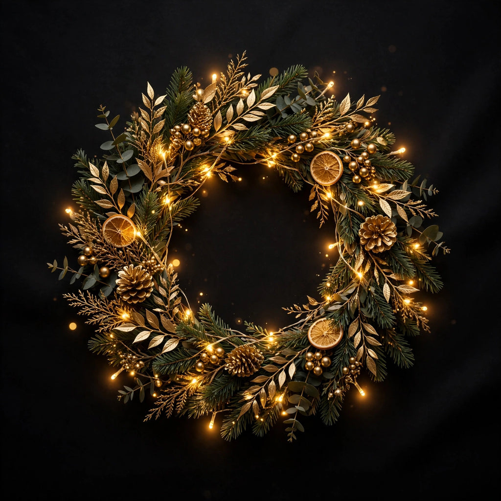 Couronne de Noël lumineuse à plat sur fond noir élégant, présentation produit DULUXE