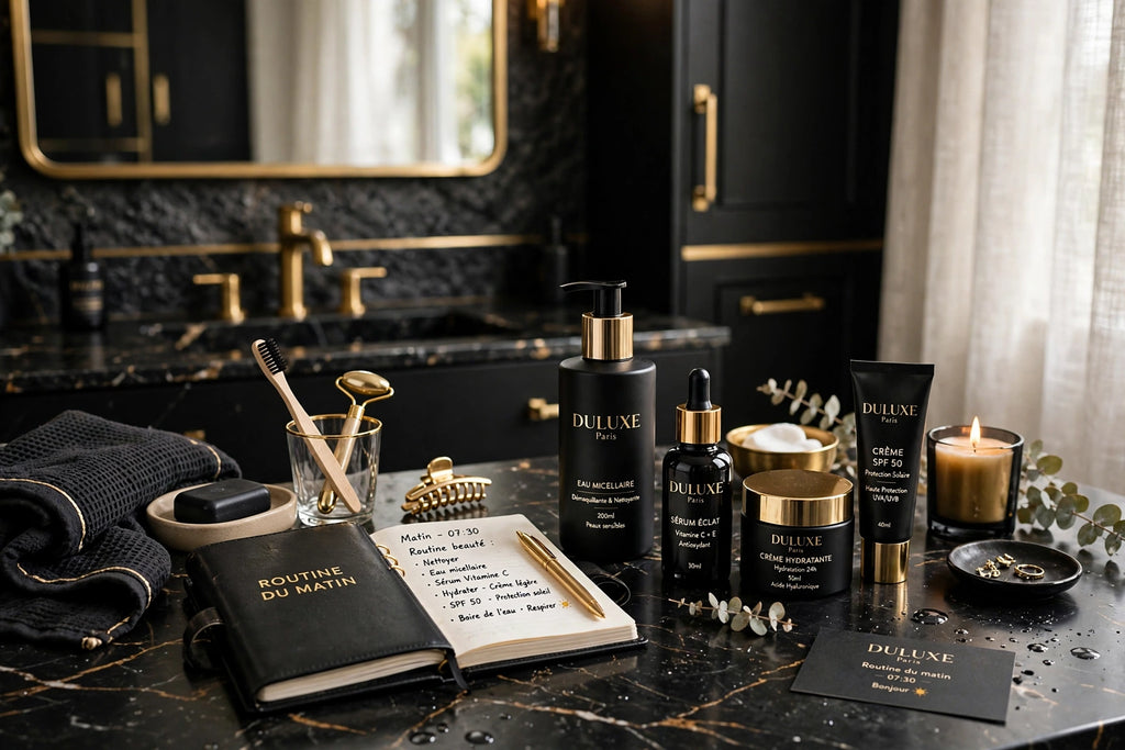 Routine beauté du matin avec le spray identificateur de duvet dans une salle de bain chic