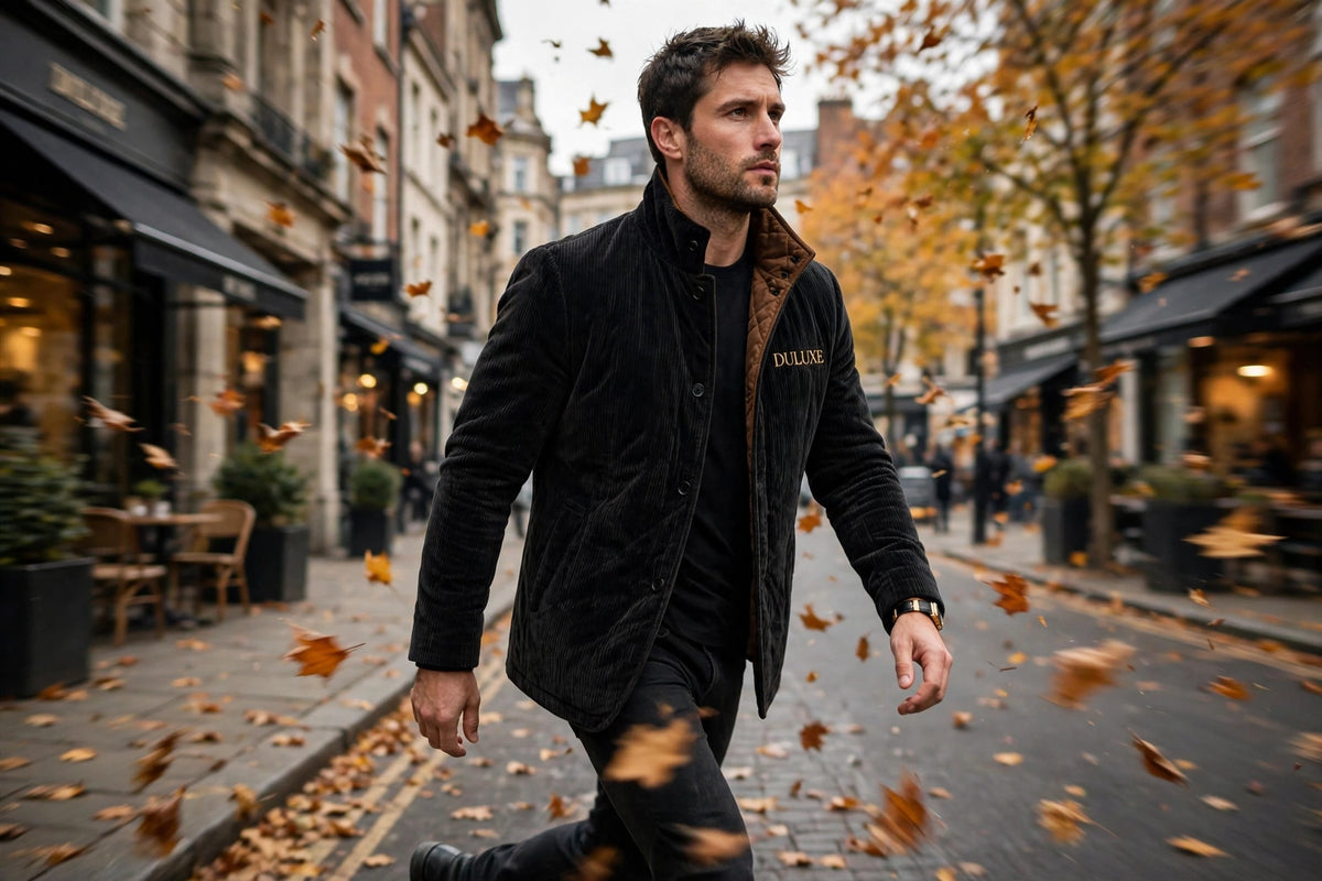 Homme marchant en ville en automne avec la veste en velours côtelé doublée, allure assurée