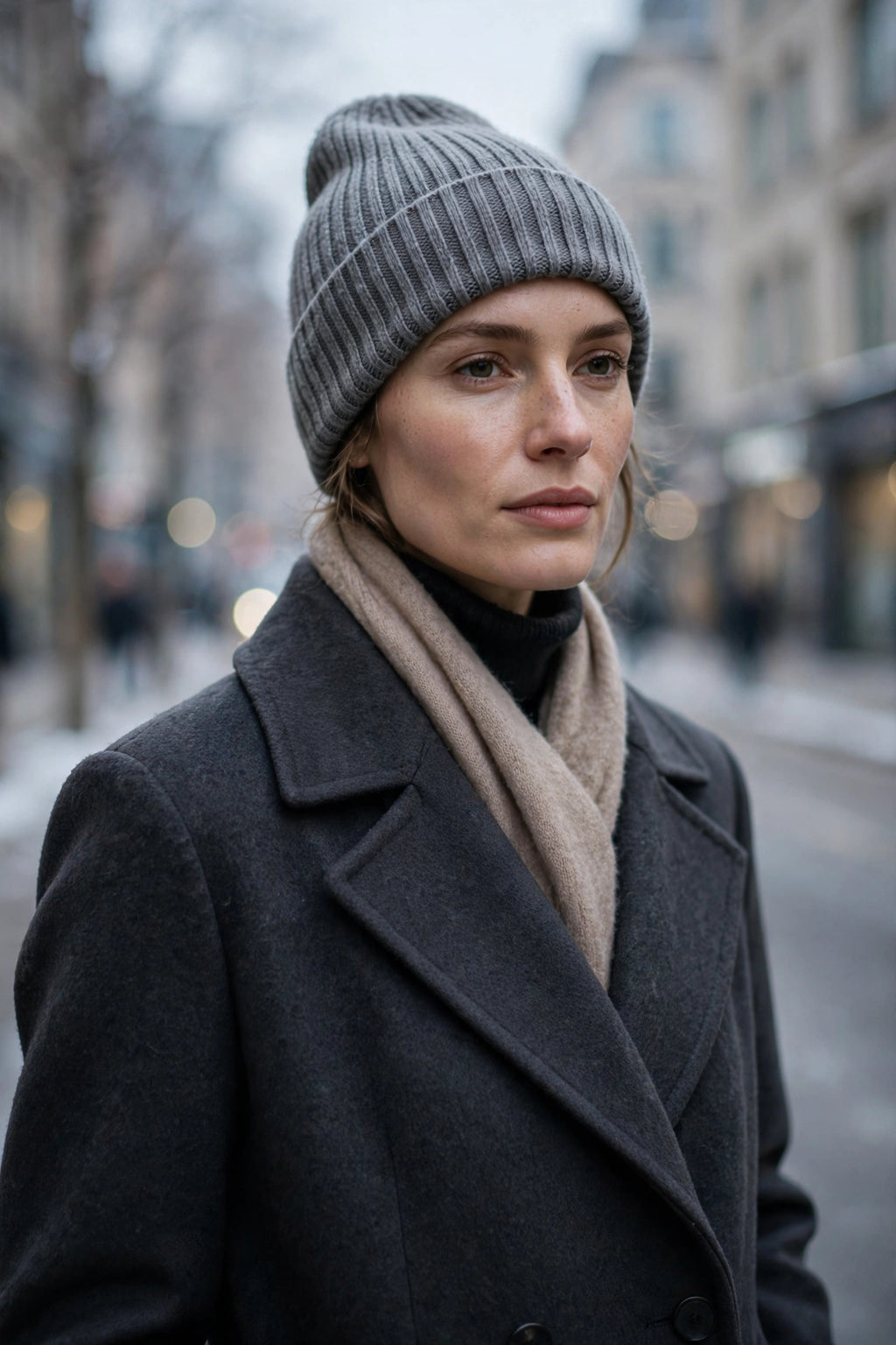 Bonnet tricoté porté en ville sous une lumière froide d'hiver