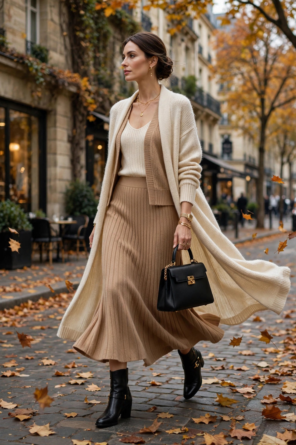 Femme en ensemble cardigan 4 pièces marchant en ville en automne, allure chic et douillette DULUXE