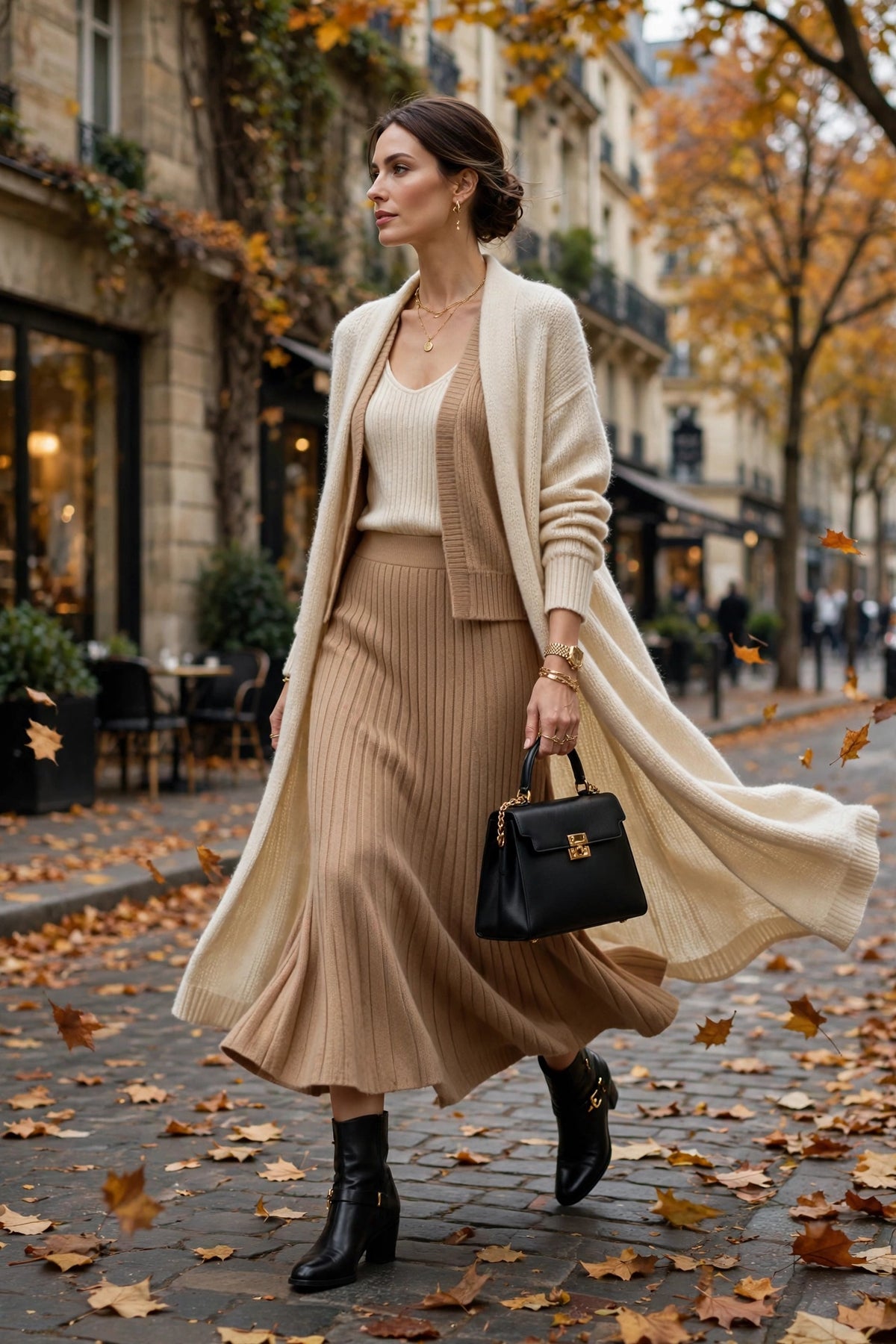 Femme en ensemble cardigan 4 pièces marchant en ville en automne, allure chic et douillette DULUXE