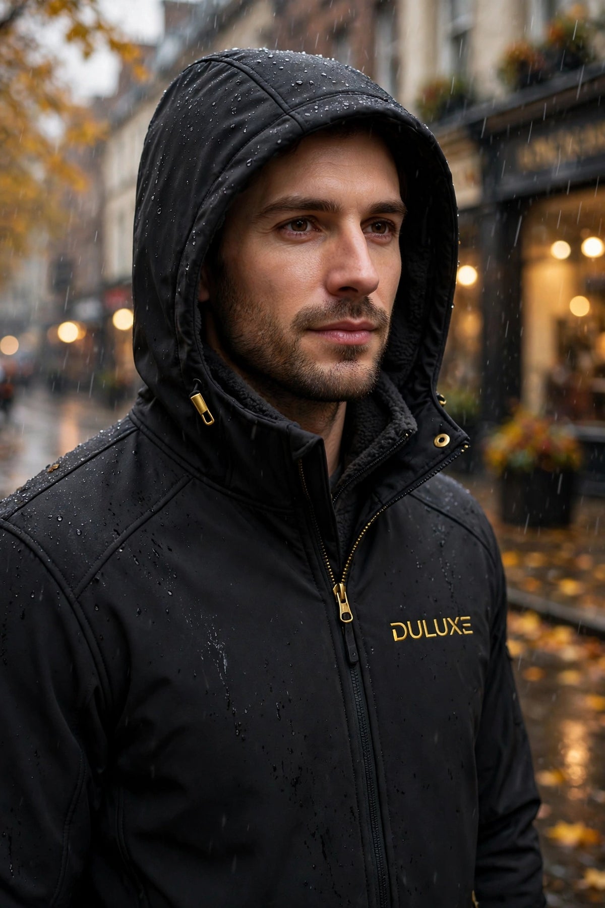 Homme sous pluie fine avec la veste softshell et capuche relevée en ville