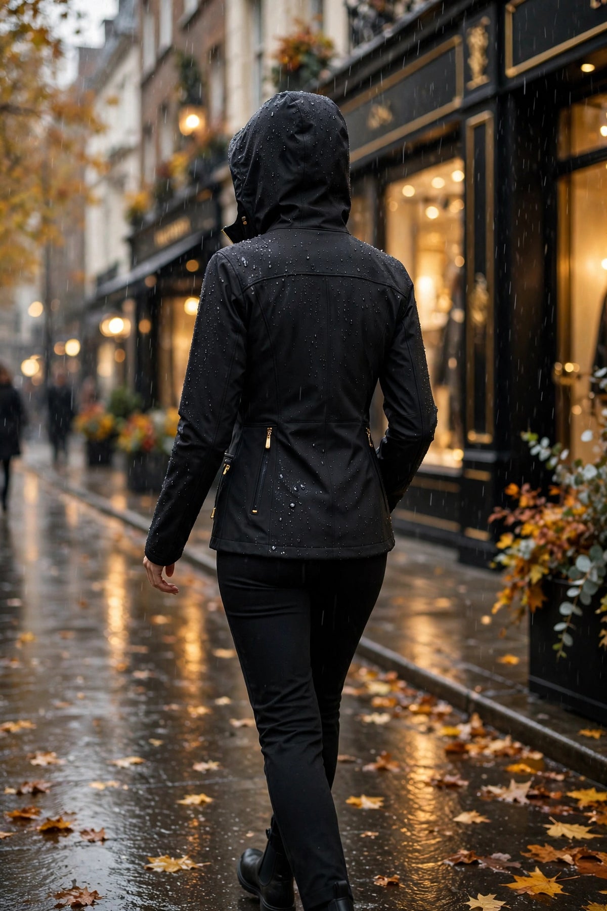 Femme marchant en ville sous pluie fine avec la veste softshell imperméable et capuche