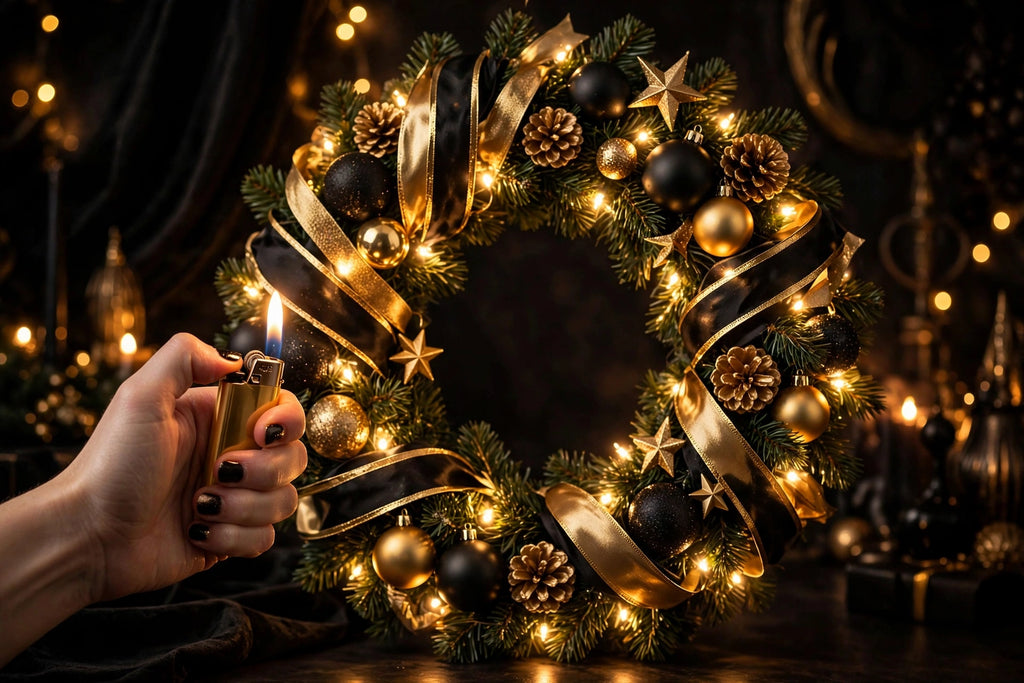Main qui allume la couronne de Noël, lumière chaude qui illumine la guirlande dorée