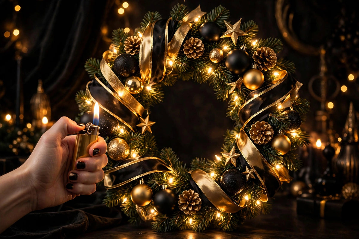 Main qui allume la couronne de Noël, lumière chaude qui illumine la guirlande dorée