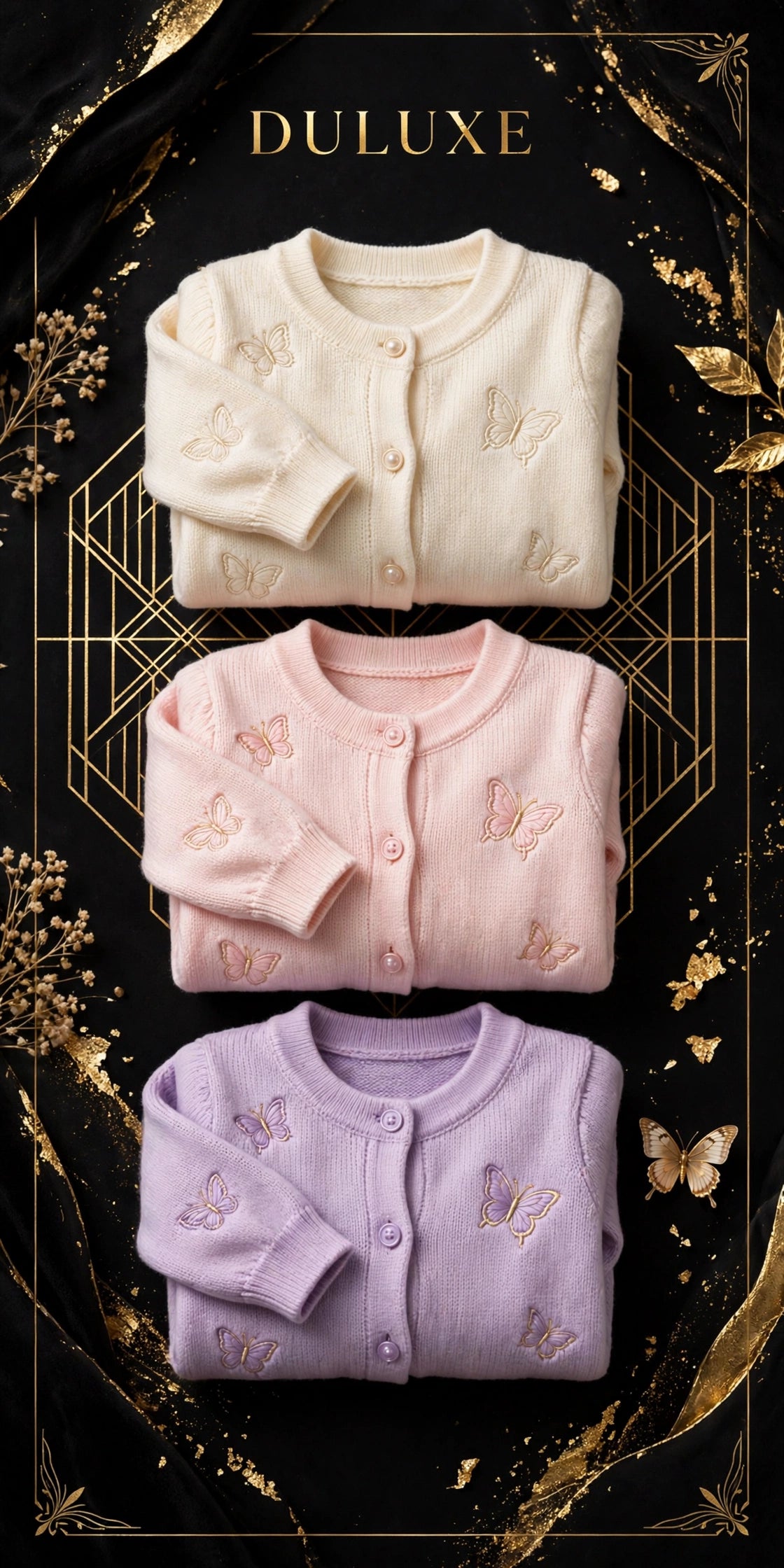 Cardigans papillon pour enfant pliés en trois coloris : crème, rose pâle et lilas, présentation DULUXE