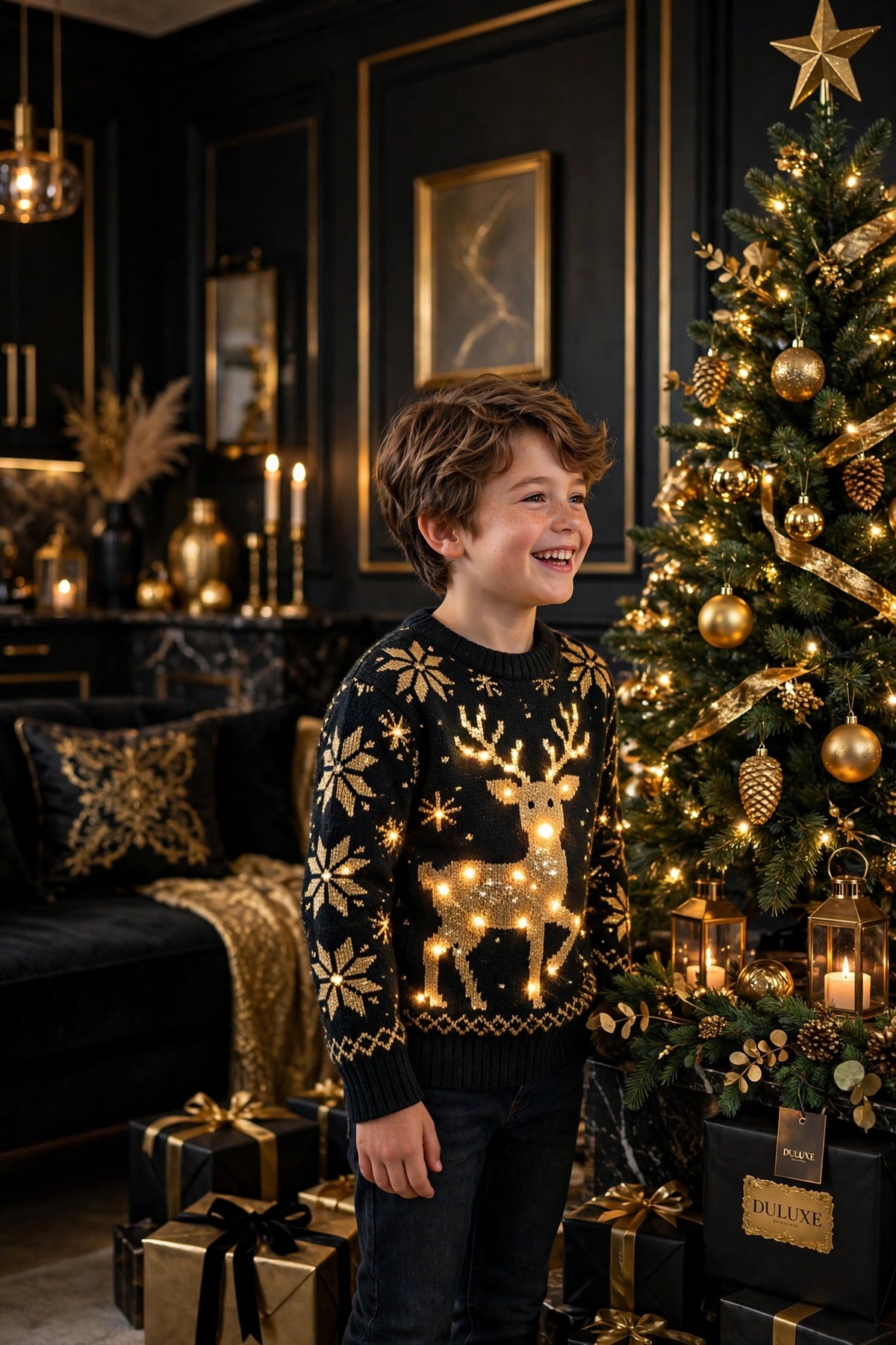 Enfant souriant en pull de Noël lumineux à motif renne à côté d'un sapin décoré d'ornements dorés