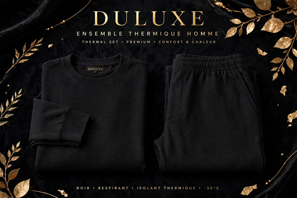 Ensemble thermique pour homme soigneusement plié, haut et pantalon présentés côte à côte, présentation premium DULUXE noir et doré