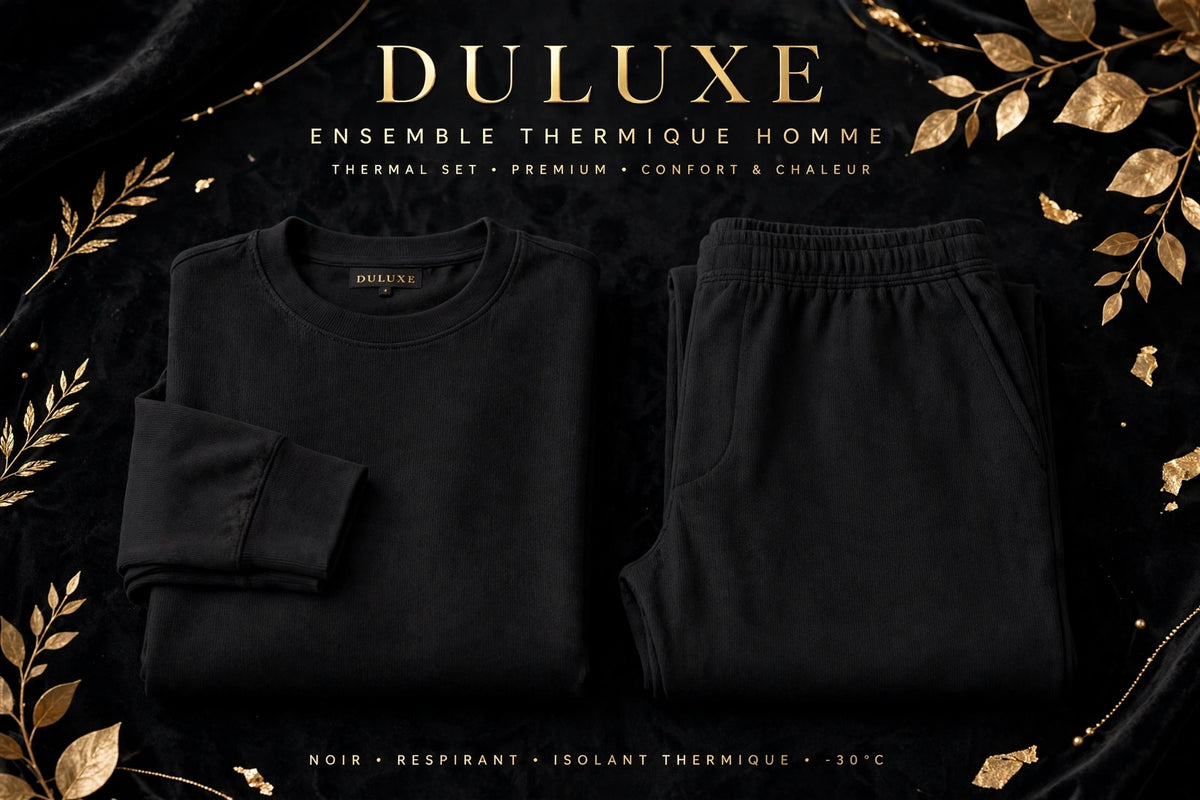 Ensemble thermique pour homme soigneusement plié, haut et pantalon présentés côte à côte, présentation premium DULUXE noir et doré