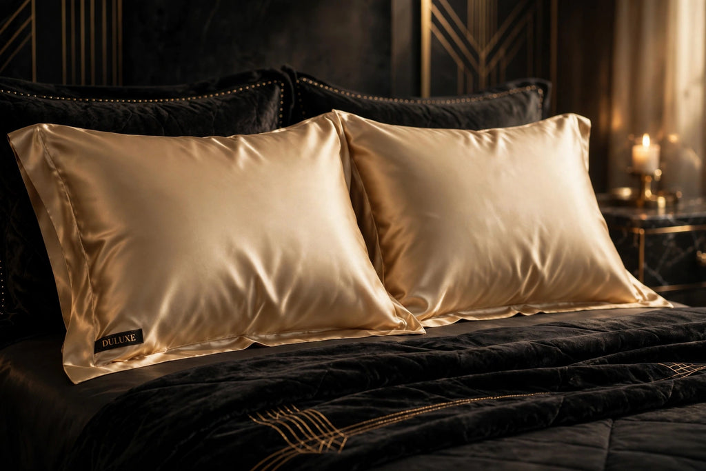 Lot de deux taies d'oreiller en soie de mûrier champagne présentées sur un lit luxueux aux accents dorés