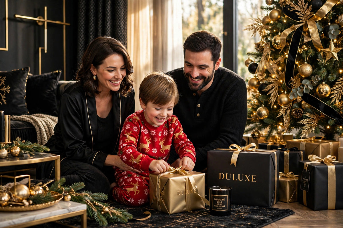 Matin de Noël en famille, enfant en pyjama polaire à motifs rennes ouvrant ses cadeaux près du sapin doré