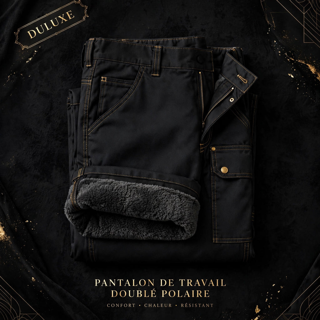 Pantalon de travail noir doublé polaire plié à plat sur fond noir élégant, présentation produit