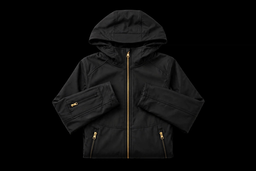 Veste softshell femme noire pliée à plat sur fond noir, vue produit premium