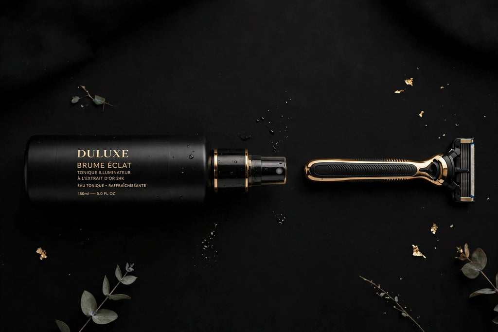 Flacon spray identificateur DULUXE à plat sur fond noir avec un rasoir facial à côté