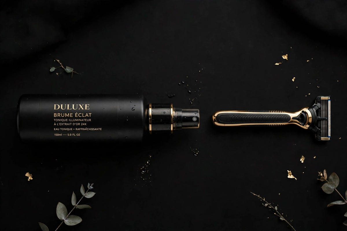 Flacon spray identificateur DULUXE à plat sur fond noir avec un rasoir facial à côté