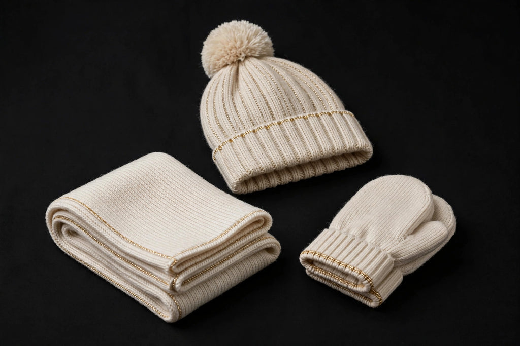Ensemble d'hiver 3 pièces pour enfant DULUXE plié à plat : bonnet, écharpe et moufles assortis en maille douce
