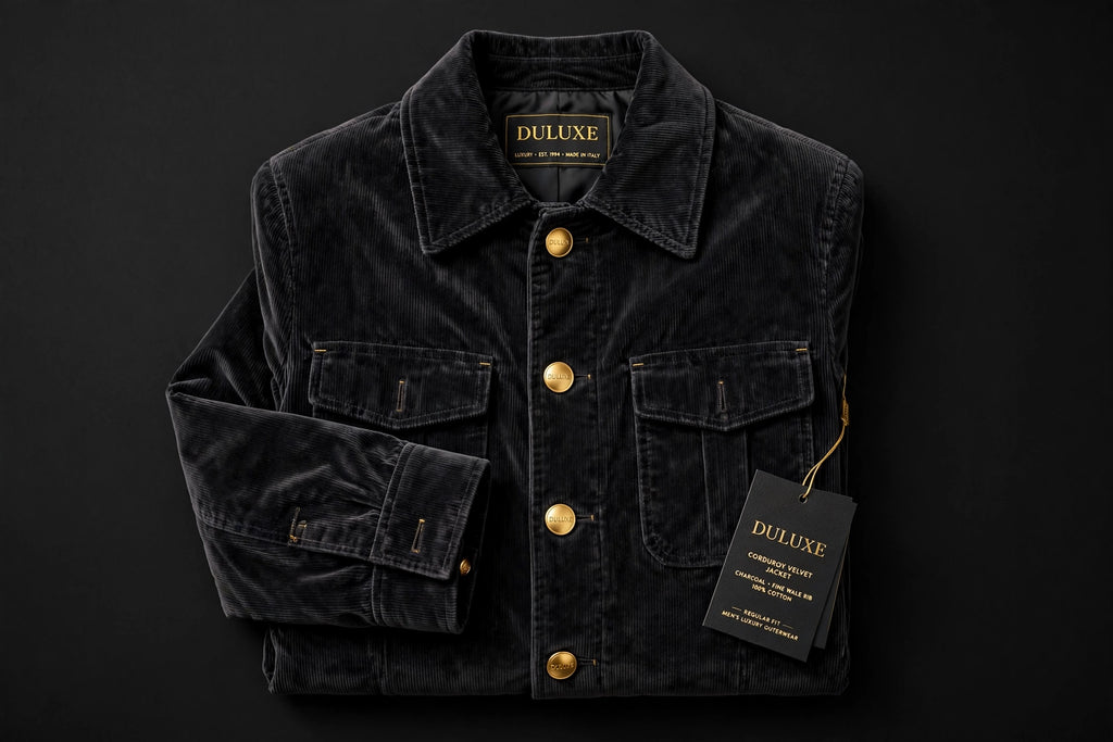 Veste en velours côtelé pour homme pliée à plat sur fond noir élégant, vue du tissu et des boutons