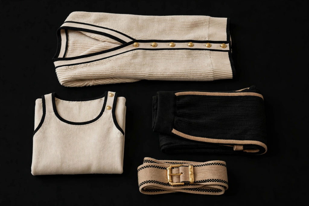 Ensemble cardigan 4 pièces plié à plat sur fond noir, les 4 pièces en maille douce bien visibles DULUXE