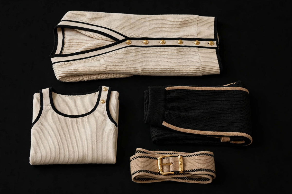 Ensemble cardigan 4 pièces plié à plat sur fond noir, les 4 pièces en maille douce bien visibles DULUXE