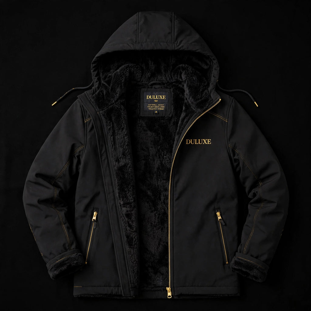 Veste softshell homme noire à plat sur fond noir, vue produit premium