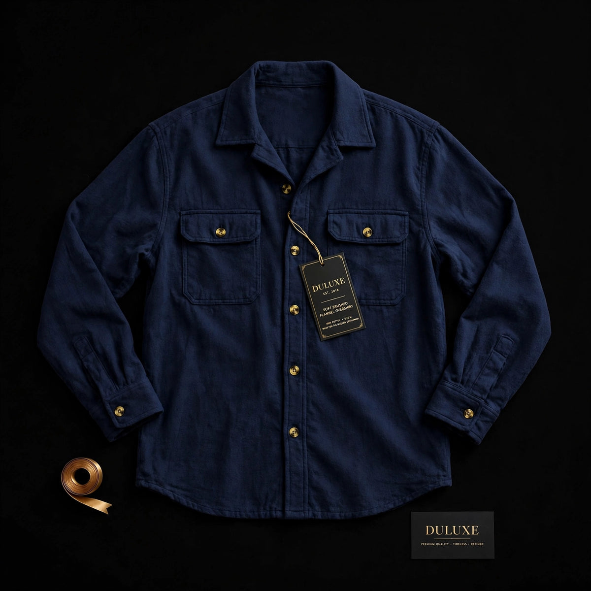 Surchemise pour homme en flanelle à plat sur fond noir, vue produit premium DULUXE