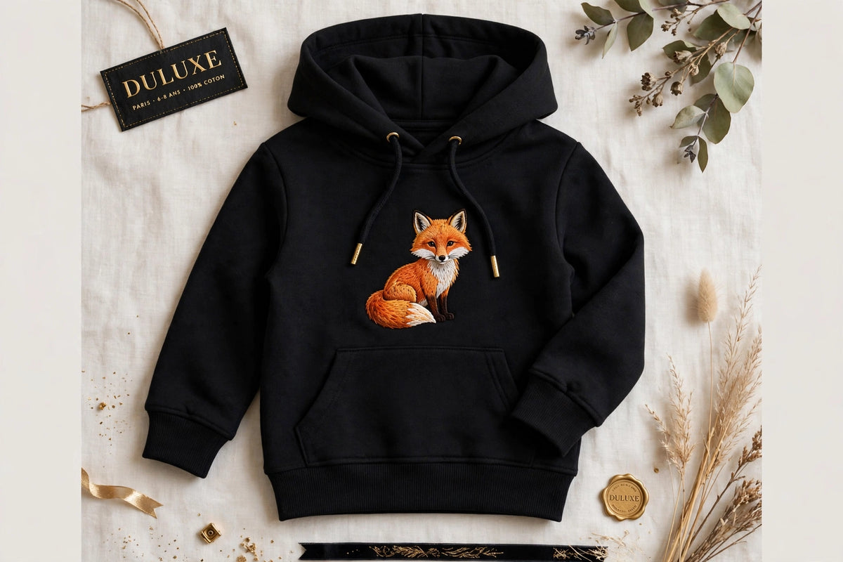 Sweat à capuche enfant motif renard à plat sur fond clair, vue produit premium DULUXE