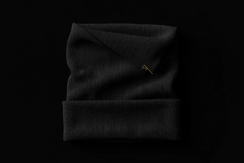 Bonnet tricoté noir plié à plat sur fond noir élégant