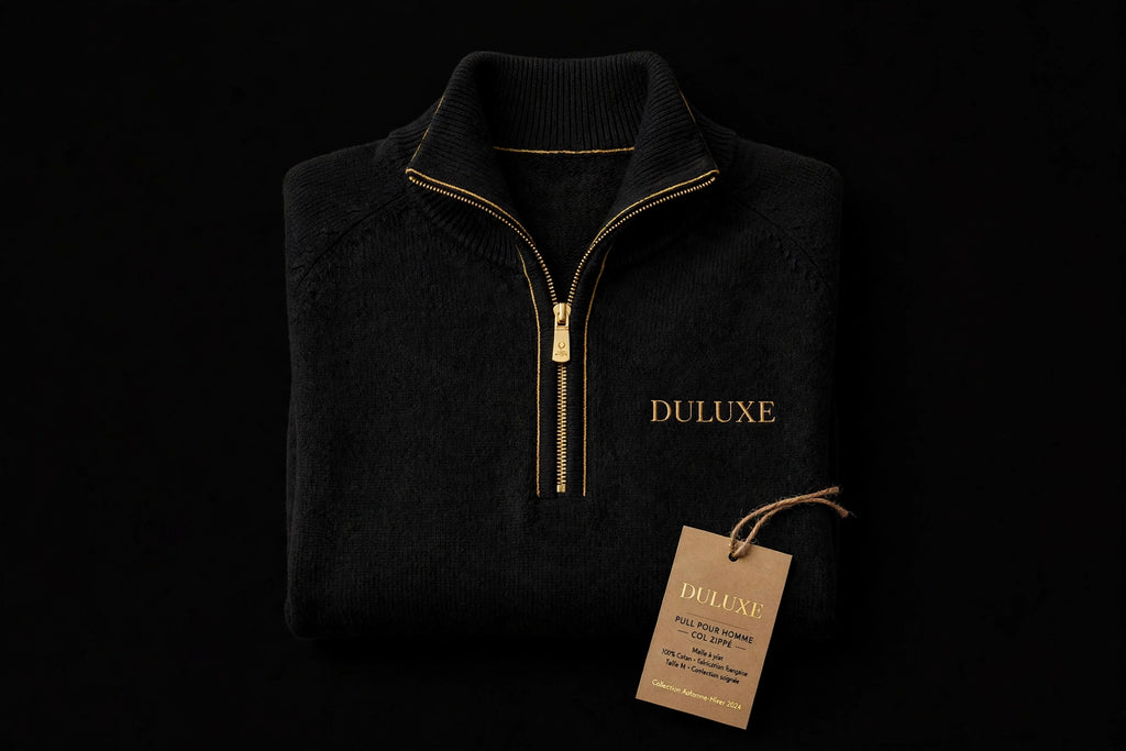 Pull pour homme à col zippé à plat sur fond noir, vue produit premium DULUXE
