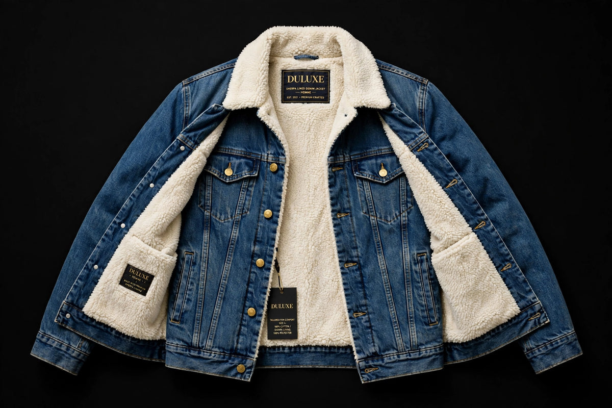 Veste en jean sherpa pour homme à plat sur fond noir, vue produit premium