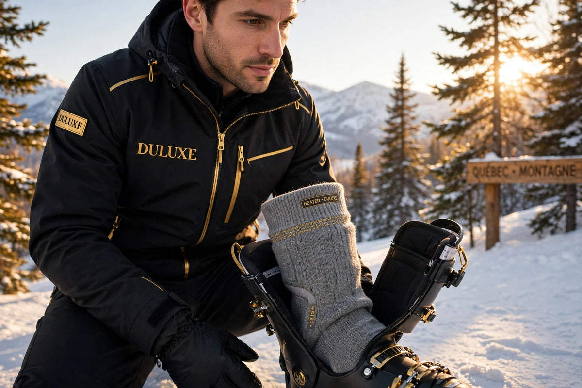 Homme en équipement de ski sur une pente enneigée du Québec portant les chaussettes chauffantes dans ses bottes de ski